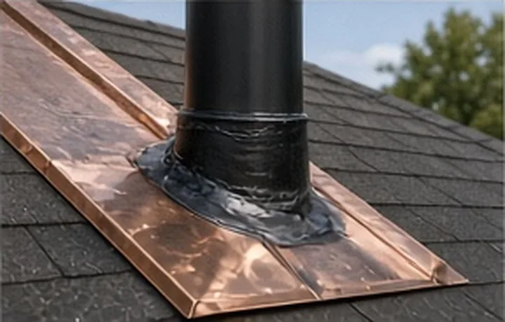 Copper flashing sealed around a vent stack