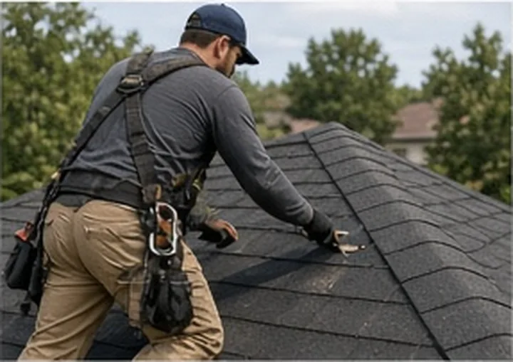 A roofer working along the ridge of a shingle roof
