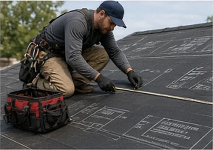 Underlayment rolled and measured across a roof deck
