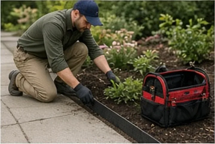 Fresh steel edging set along a garden bed beside a walkway
