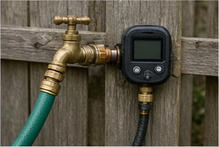 A brass hose bib and irrigation timer feeding a drip line