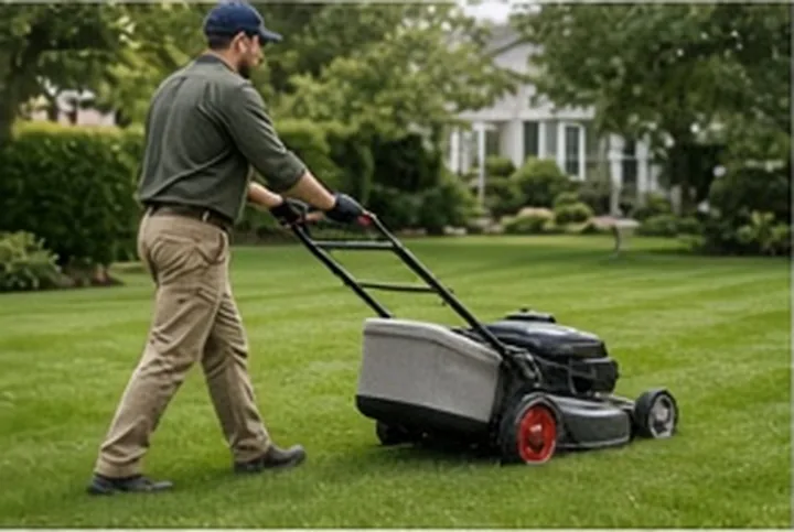 A striped lawn being cut in front of a large house