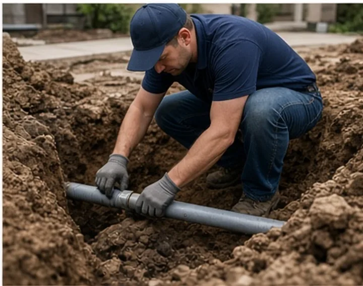 A plumber laying a replacement line in an excavated trench