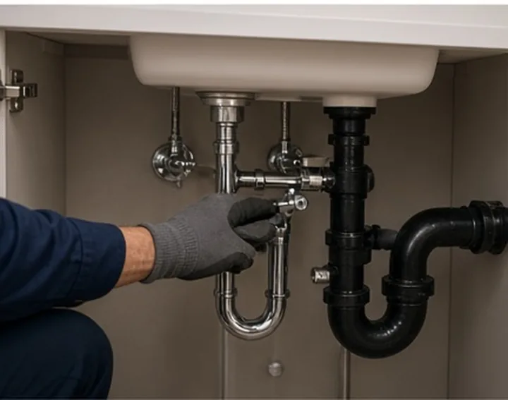 Chrome and black waste pipework under a newly fitted basin