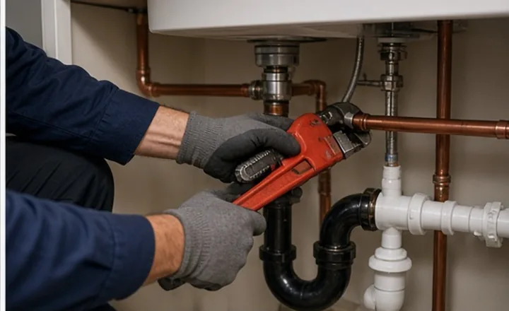 A pipe wrench on copper supply lines under a sink